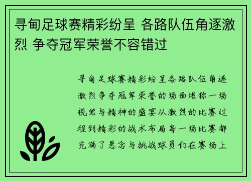 寻甸足球赛精彩纷呈 各路队伍角逐激烈 争夺冠军荣誉不容错过